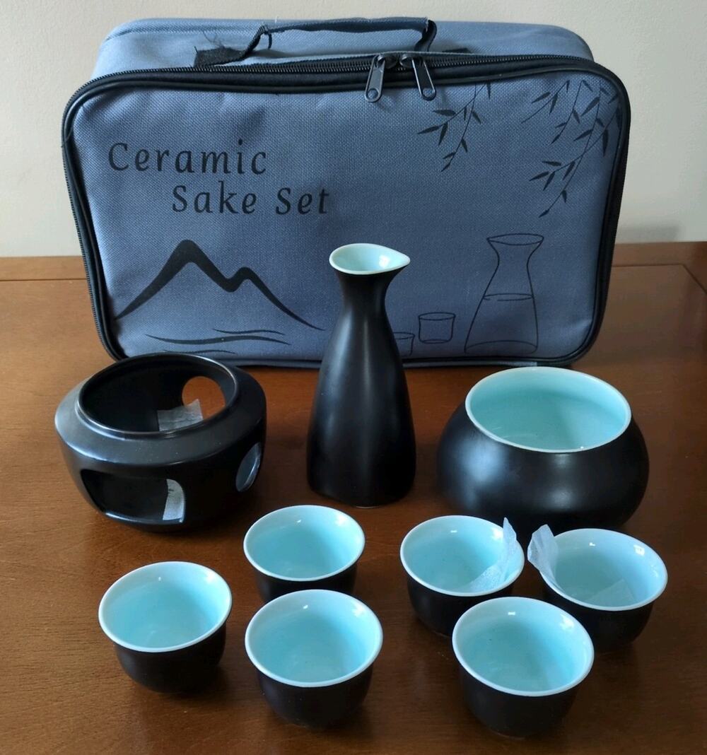Ceramic Sake Picnic Set w/ Warmer Pot & Tray Portable Porcelain Hot Saki Vintage